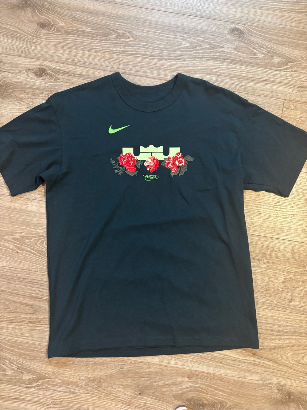 Nike Dark Blue/ Slate T-Shirt with Neon Swoosh and Rose Graphic